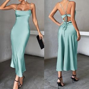 Luxe mint green tie open back satin cami party formal evening wedding dress